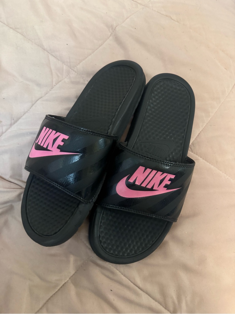 Nike Black Slides with Pink Swoosh Strap
